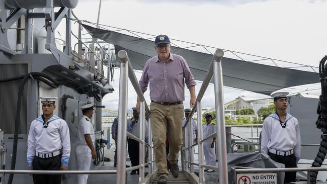 Australian Prime Minister Scott Morrison visits the Tongan ship Ngahou Koula the Australian Navy base HMAS Cairns in Cairns, Far North Queensland. Picture: NCA Newswire / Sean Davey