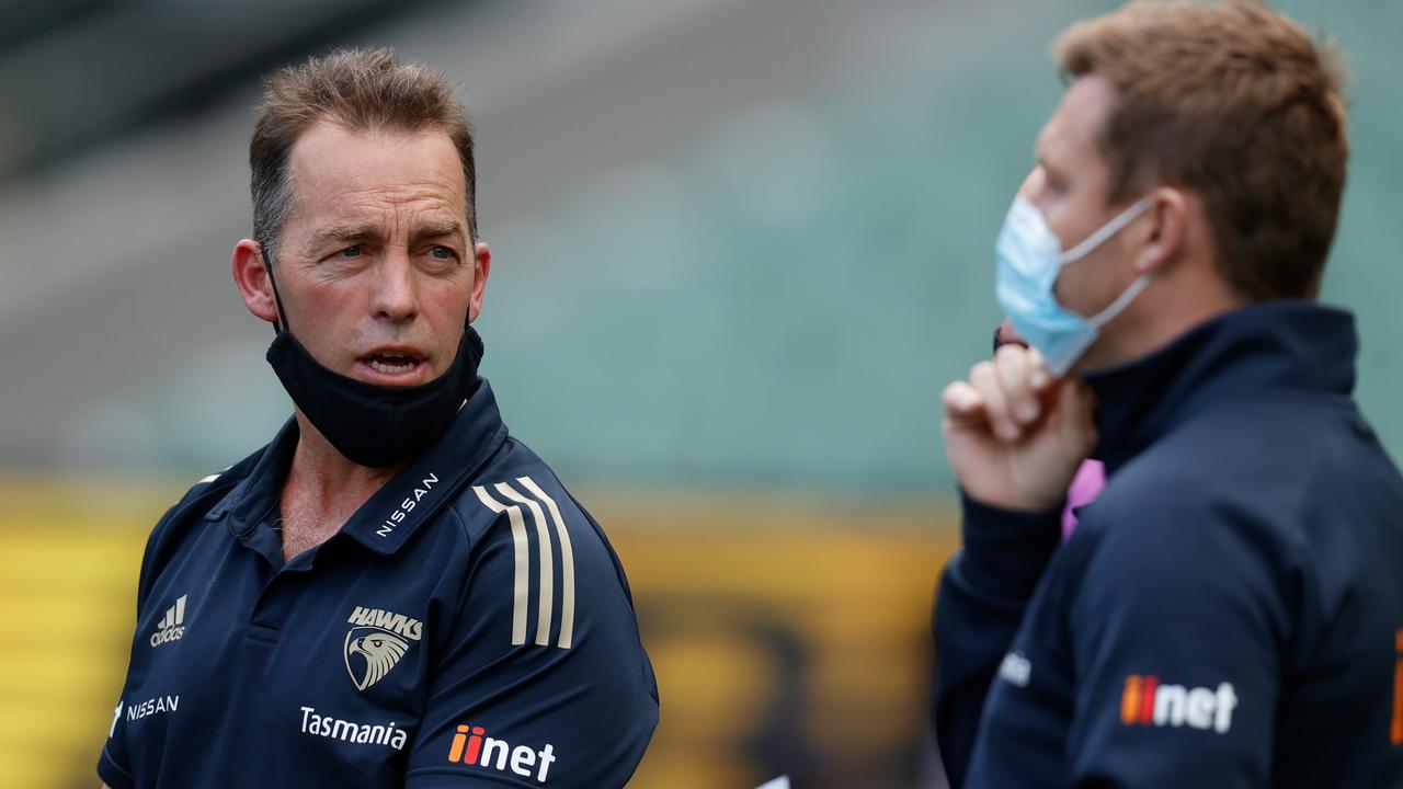 Alastair Clarkson and his successor Sam Mitchell. Photo by Michael Willson/AFL Photos via Getty Images.