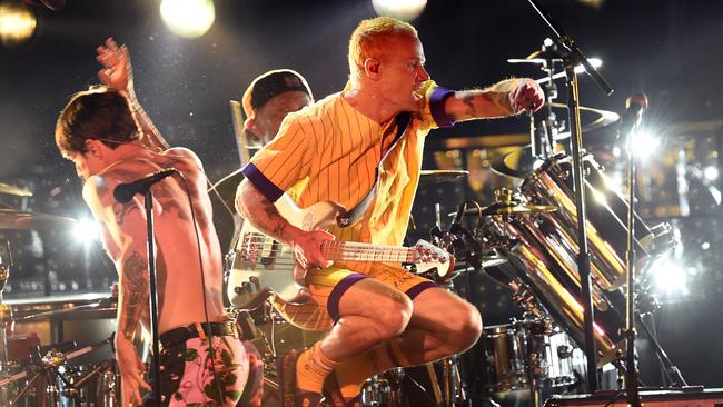 Anthony Kiedis, left, and Flea of Red Hot Chili Peppers perform onstage during the 61st Annual Grammy Awards in LA on February. Picture: GETTY