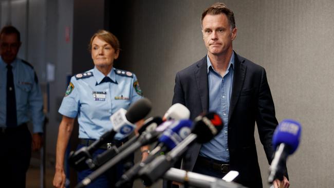 NSW Police Commissioner Karen Webb, left, and Premier Chris Minns at a Sydney press conference on Wednesday. Picture: Nikki Short