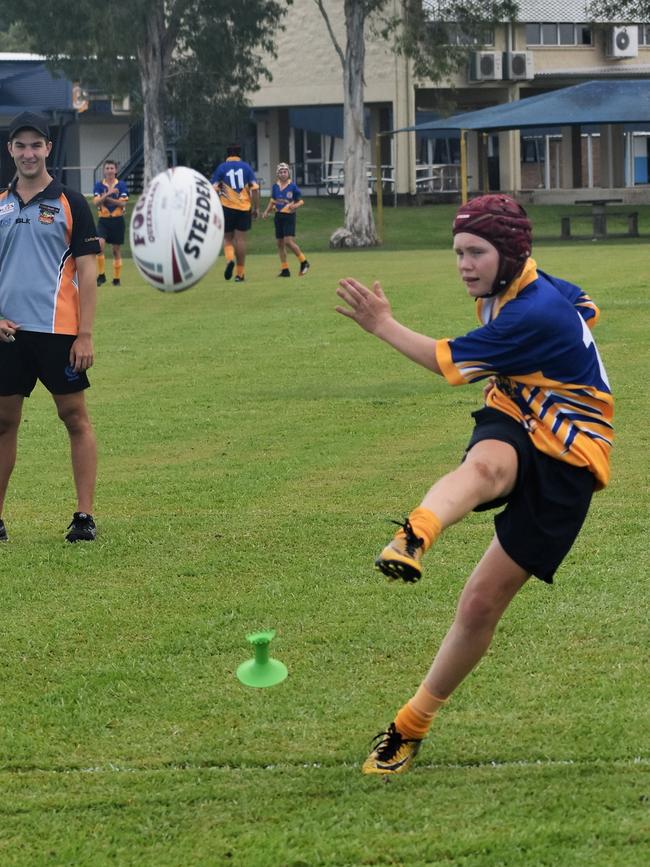 Grant Martin, Gilroy, slots a conversion. Photographs from the Will Murdoch Perpetual Shield. The annual U14 rugby league competition, in its second year, involved Gilroy Santa Maria College, Ingham State High School and St Teresa's Catholic College Abergowrie. Picture: Cameron Bates