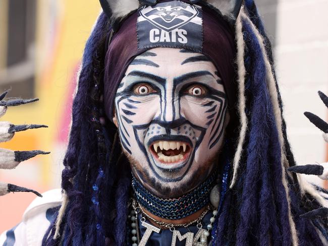 "Catman" Troy West from the Geelong footy cheer squad with his new fangs at Totally Smiles Geelong. Picture: Alison Wynd