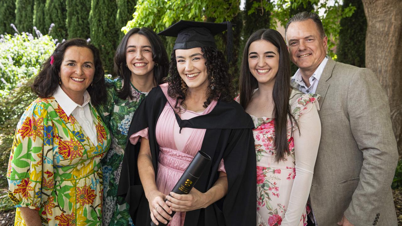 Bachelor of Education (Secondary) graduate Rachel O'Connell celebrates with family (from left) Bernadette, Sarah, Caitlin and Darren O'Connell at a UniSQ graduation ceremony at The Empire, Tuesday, October 29, 2024. Picture: Kevin Farmer