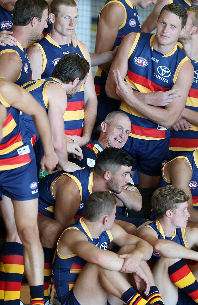 Phil Walsh shares a laugh with his Adelaide players. Picture: Sarah Reed