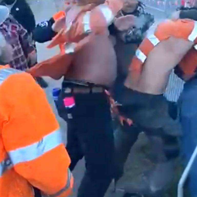 Footage of a wild brawl at a CFMEU picket line outside Cross River Rail. Vision Supplied