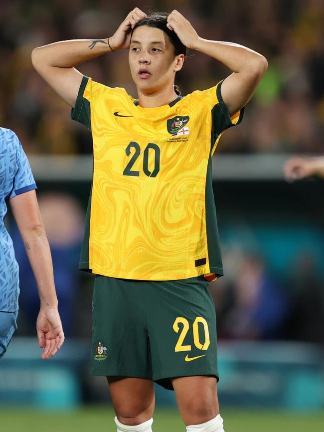 Sam Kerr reacts after England scores. Picture: Brendon Thorne/Getty