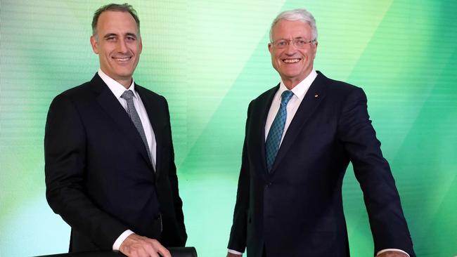 Wesfarmers CEO Rob Scott, left, and chairman Michael Chaney believe the consumer will do it tough over the next year and retailing is already turning down. Picture: Colin Murty