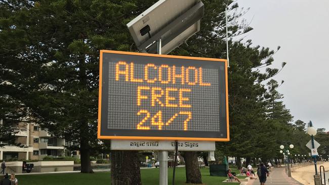 An alcohol restriction sign at East Esplanade Reserve, Manly. FILE picture