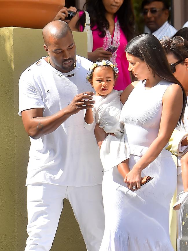 All white ... The Kardashian-North Family are seen leaving Easter services in Woodland Hills. Picture: Splash