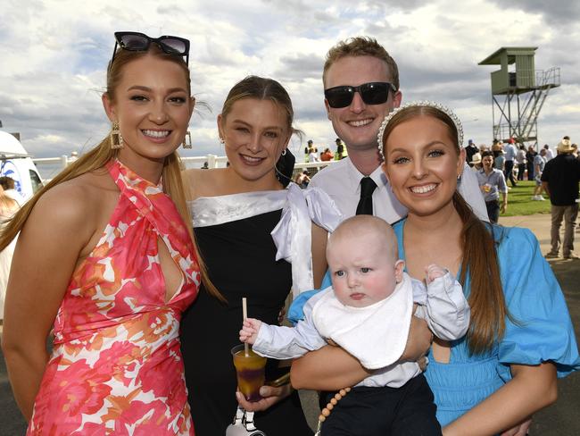 Ladbrokes Sale Cup. Racegoers are pictured attending Cup Day horse races at Sale Turf Club, Sunday 27th October 2024. Abby Abrahall, Sophie Frith, Mitch Semmens, Finlea Semmens and baby Reggie. Picture: Andrew Batsch