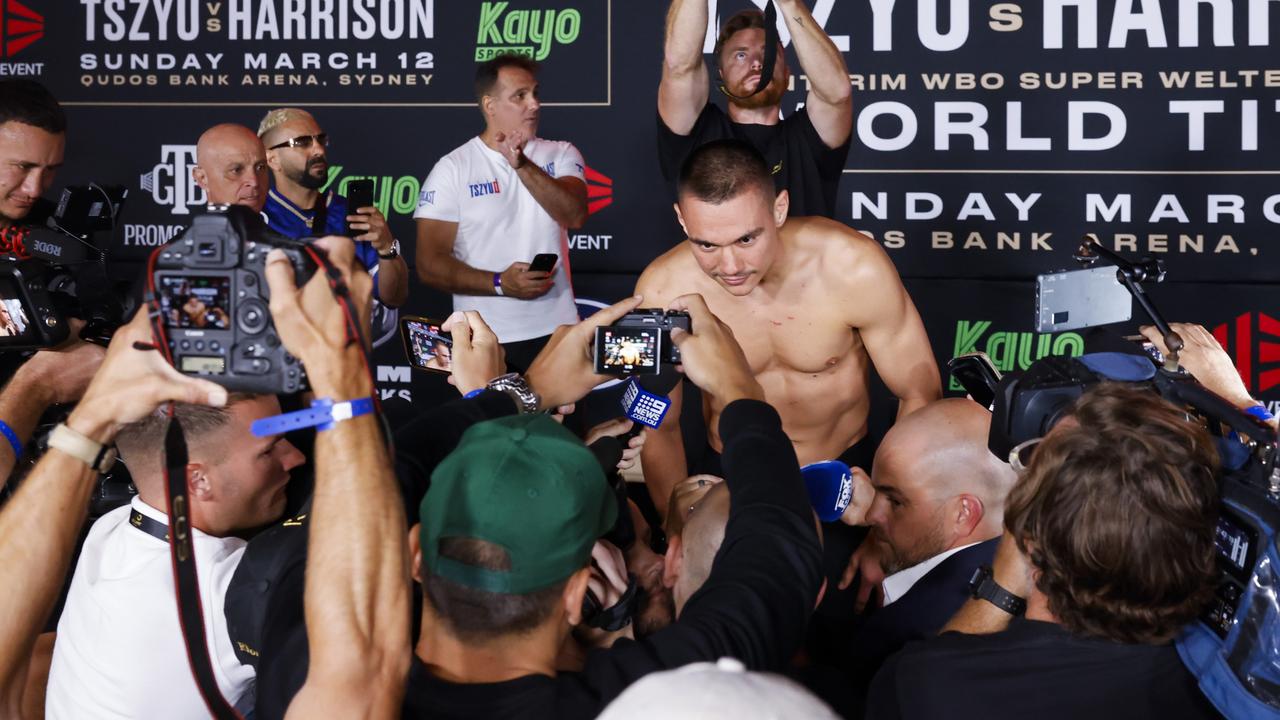 Tim Tszyu of Australia talks to the media during the official weigh-in for their super welter weight world title bout on March 11, 2023 in Sydney, Australia. (Photo by Jenny Evans/Getty Images)