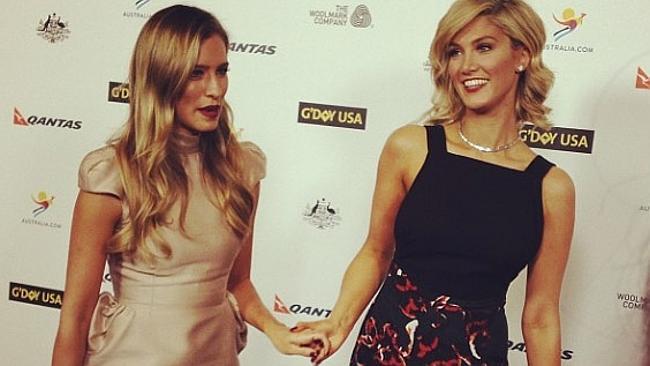 Songbird Delta Goodrem and friend Renee Bargh arrive for the G'day LA Gala.