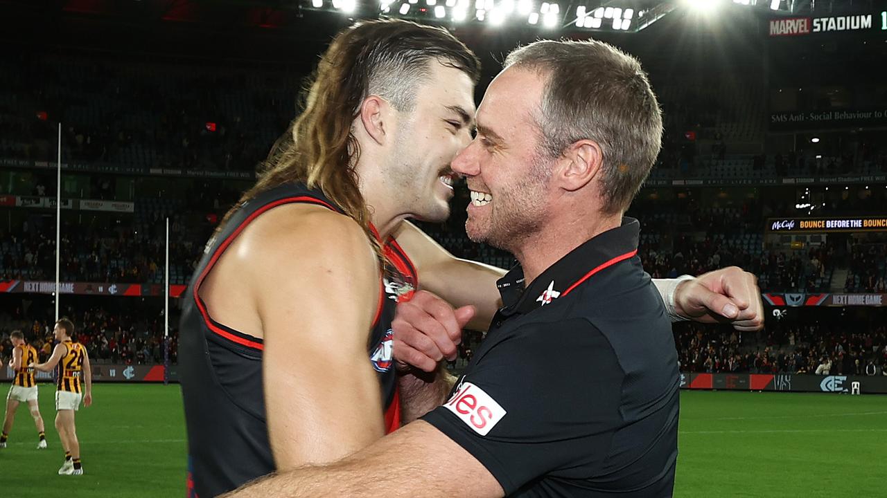 Bombers ruckman Sam Draper and coach Ben Rutten after the win over the Hawks. Picture: Michael Klein