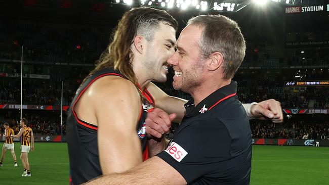 Bombers ruckman Sam Draper and coach Ben Rutten after the win over the Hawks. Picture: Michael Klein