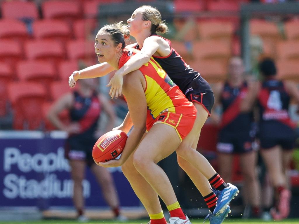 Georgia Gee pounces on Jacqueline Dupuy. Picture: Russell Freeman/AFL Photos via Getty Images