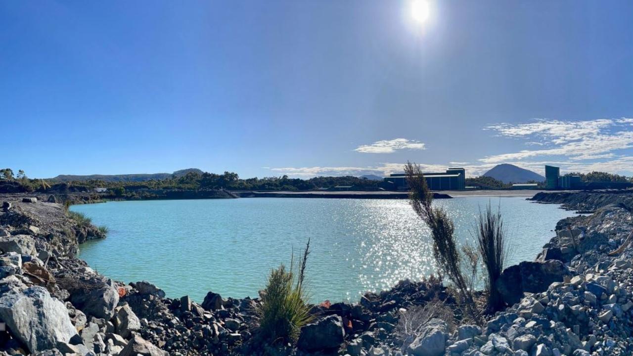 Avebury nickel mine decant pond with tailings beach and processing plant in the background. Picture: Mallee Resources