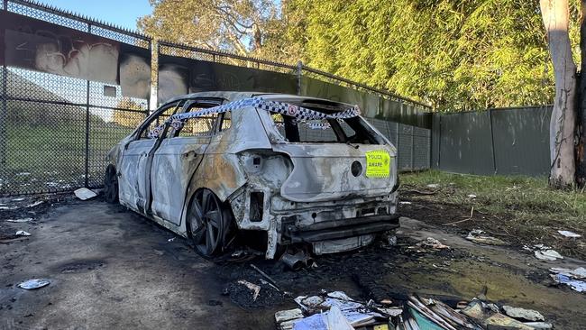 A stolen car burnt out on Warrego Way in Helensvale on Friday June 7, 2024. Picture: Keith Woods.