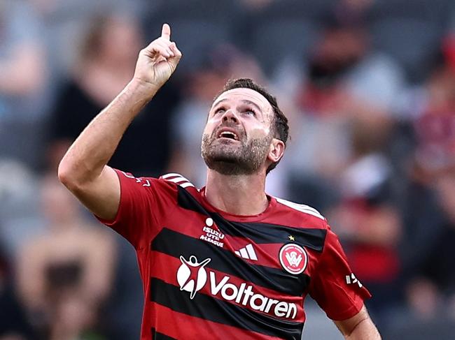 SYDNEY, AUSTRALIA - JANUARY 01: Juan Mata of the Wanderers celebrates scoring a goal during the round 11 A-League Men match between Western Sydney Wanderers and Macarthur FC at CommBank Stadium, on January 01, 2025, in Sydney, Australia. (Photo by Brendon Thorne/Getty Images)