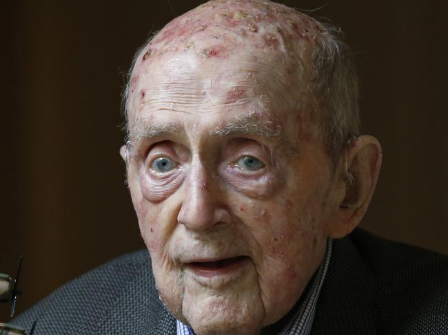 Anzac Day feature. WW2 veteran bomber pilot Laurie Larmer 97, flew bombers out of England including the Halifax bomber. Laurie Larmer 97, holds a model of a Halifax bomber that he flew during the war.                         Picture: David Caird