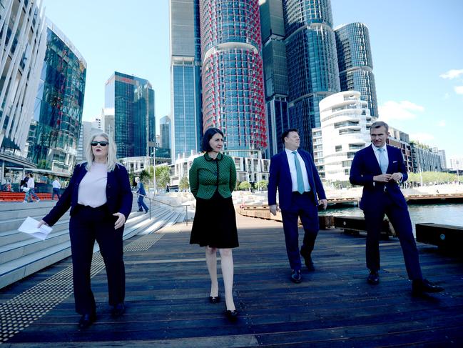 Premier Gladys Berejiklian, Helen Coonan from Crown, Minister Rob Stokes and Lend Lease CEO Steve McCann tour the new boardwalk. Picture: NCA NewsWire/Jeremy Piper