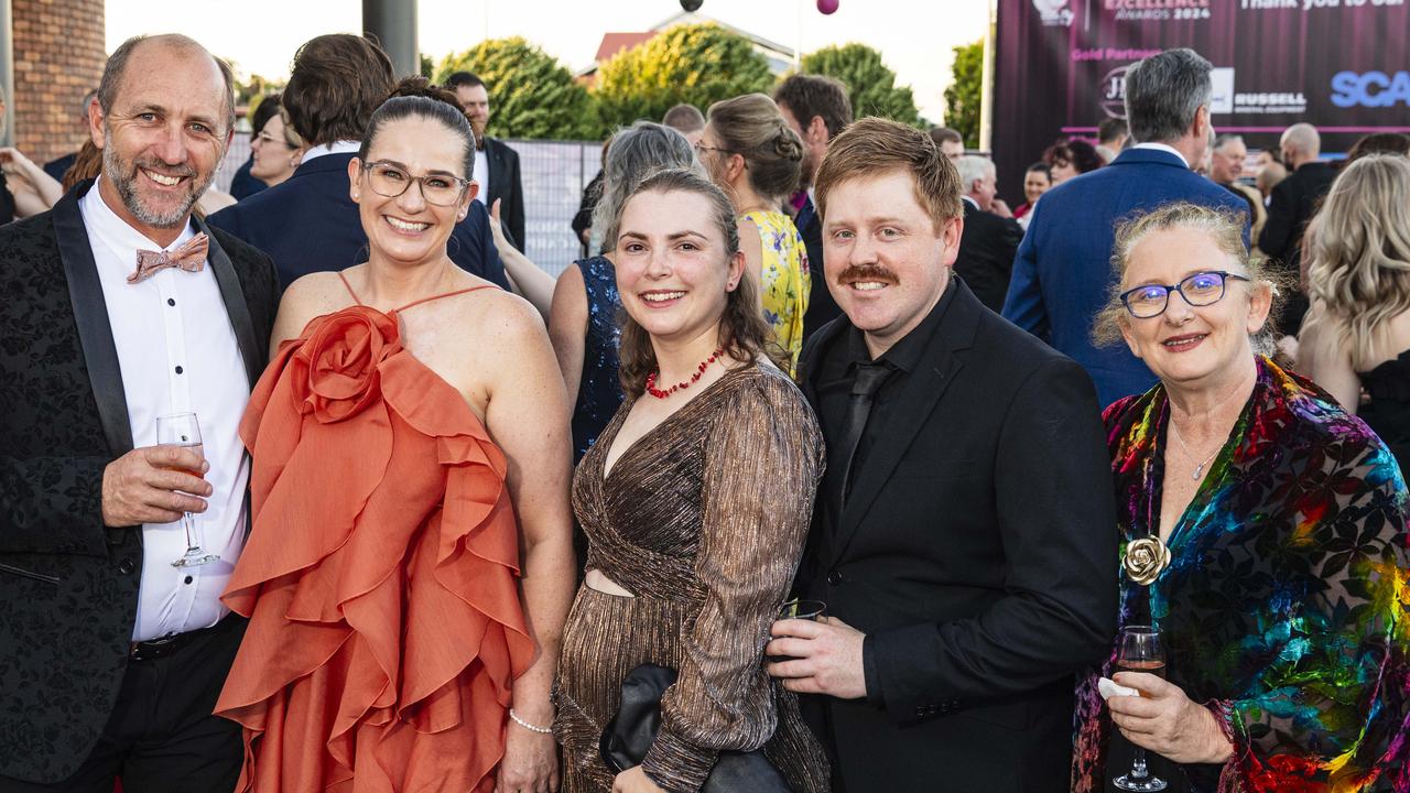 At Little Pig Consulting Business Excellence Awards are (from left) Jeff Lyndon, Toowoomba Chamber president Myf Rigby, Amy Lymbery, Leam Lymbery and Michelle Hillman representing Accession3 at Rumours International, Saturday, October 19, 2024. Picture: Kevin Farmer