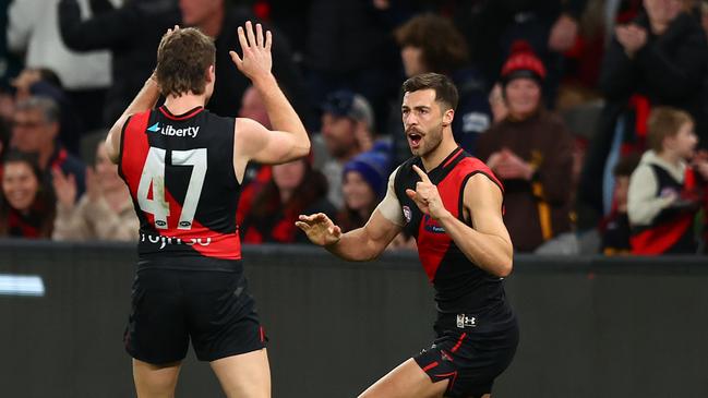 : Kyle Langford put the Bombers in from with just over a minute on the clock. Picture: Graham Denholm/AFL Photos