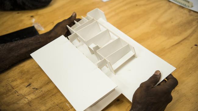 Norm Frank Jupururrla looks over a model rendering of an early prototype of the Wilya Junta (Standing Strong) Housing Collaboration. Picture: Andrew Quilty/Climate Council