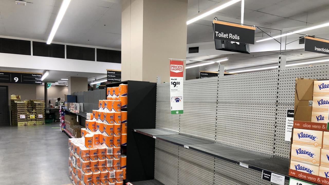 Empty toilet paper shelves have been an everyday sight at supermarkets across the country for weeks. Picture: Jonathan Ng