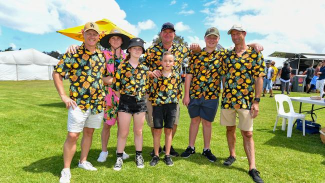 Family friends from Illawarra, Southern Highlands and the Gold Coast meet up every year at the Ballina Cup races. Here we have Damien, Reilly, and Harper Palmer, Chris, Blake, and Luke Fitch, and Simon Prior. Picture: Cath Piltz