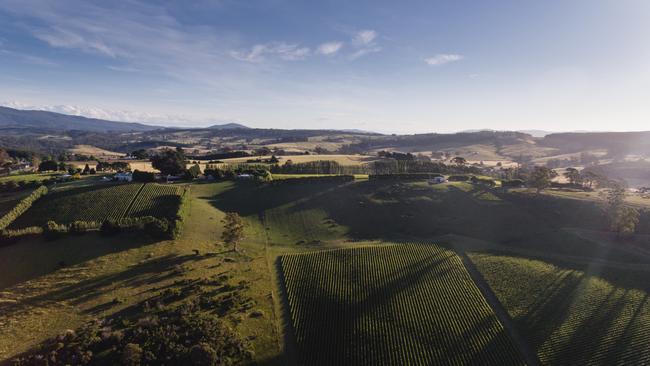 Clover Hill winery aerial shot. A sparkling wine masterclass at Clover Hill’s Cellar Door can be part of the Me TIme/He Time package being offered by Stillwater Seven and partners, if you fancy. For a TasWeekend story.