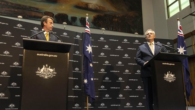 Federal Education Minister Dan Tehan, left, and Prime Minister Scott Morrison announce the childcare rescue package. Picture: GARY RAMAGE