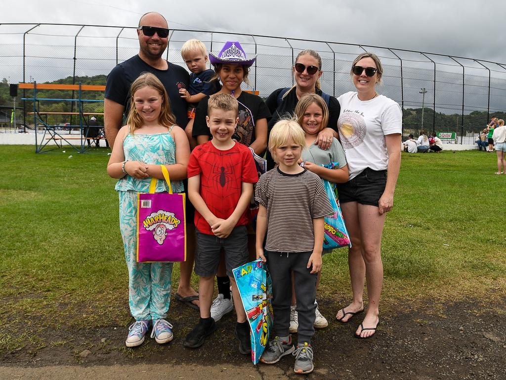 Family and friends from Woodburn, from left are Jesse Flanagan holding Ruben, Sophie, Vienna, Jackson, Kobi, Eva, Cassie, and Hazel at the Lismore Show. Picture: Cath Piltz