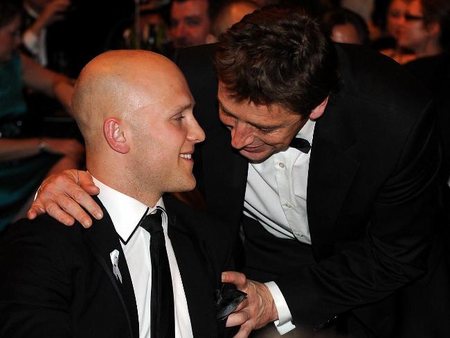 <p>Gary Ablett wins the Brownlow and is congratulated by coach Mark Thompson. Picture: Michael Dodge</p>