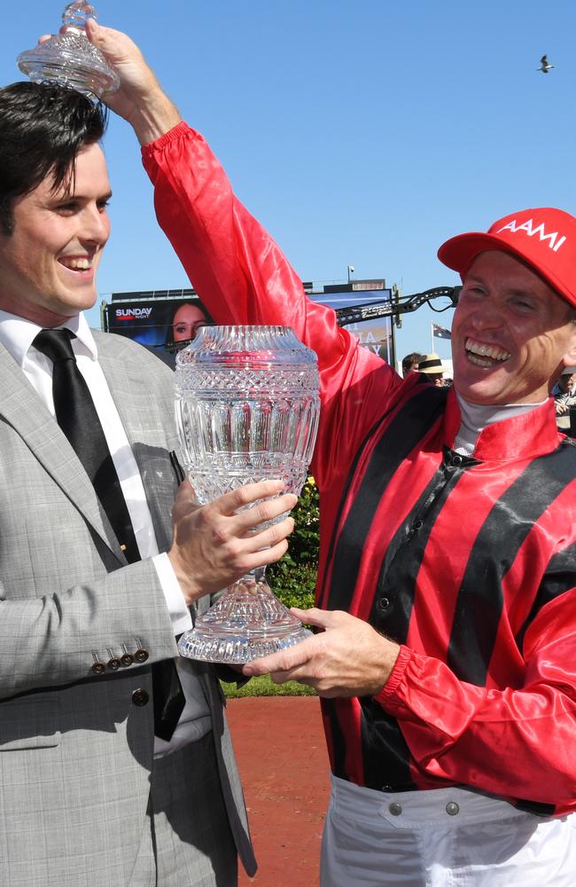 James Cummings and Glyn Schofield saviour a special victory together at Flemington. Picture: Getty Images