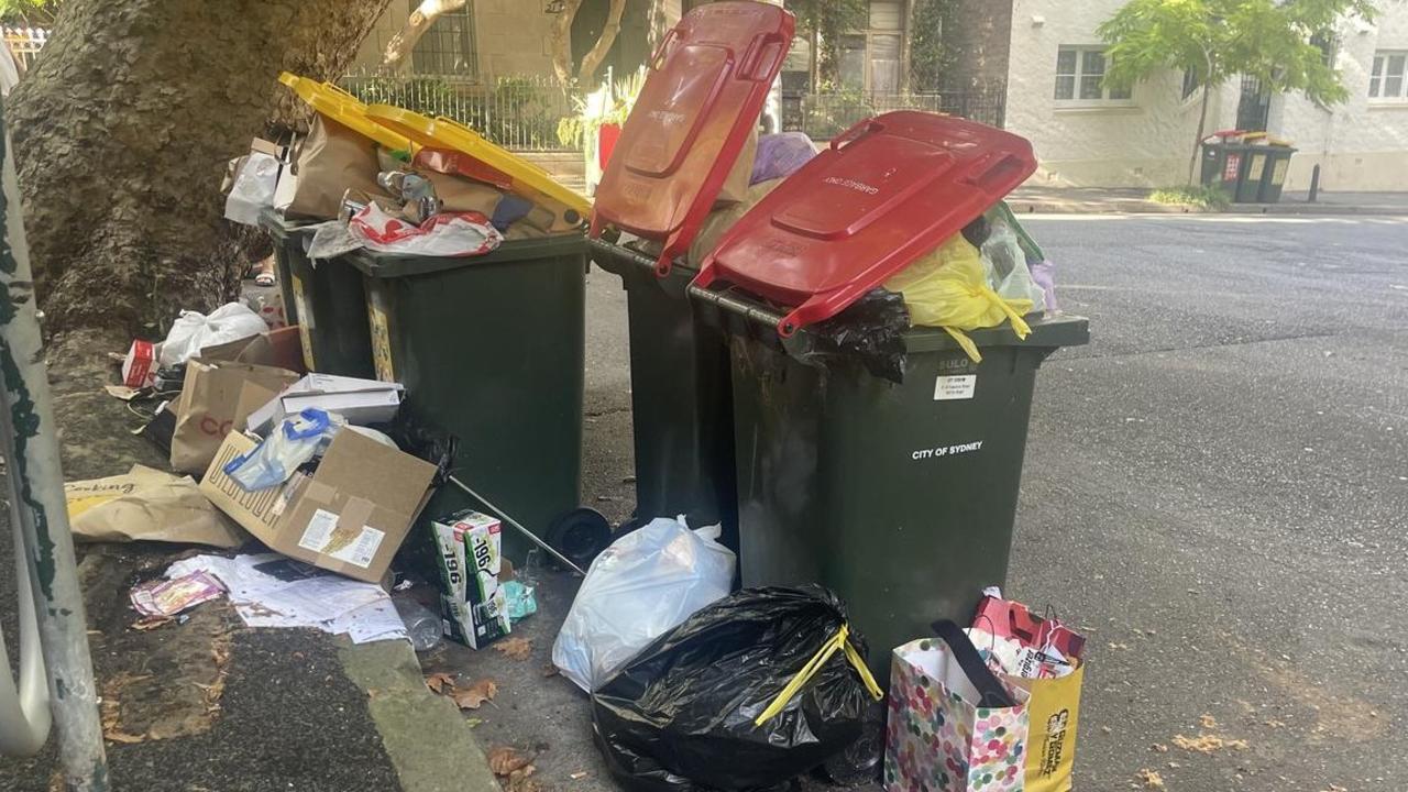 Bins overflow on City of Sydney's streets on Tuesday morning. Picture: Supplied