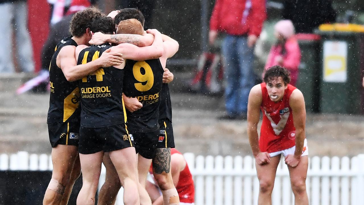 SANFL: North v Glenelg -Glenelg celebrate the final siren and a 3 point win over North at Prospect OvalSunday,August 5,2018 (Image AAP/Mark Brake)