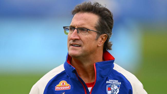 MELBOURNE, AUSTRALIA - NOVEMBER 27: Buldogs senior coach, Luke Beveridge watches on during a Western Bulldogs AFL training session at Whitten Oval on November 27, 2023 in Melbourne, Australia. (Photo by Morgan Hancock/Getty Images)