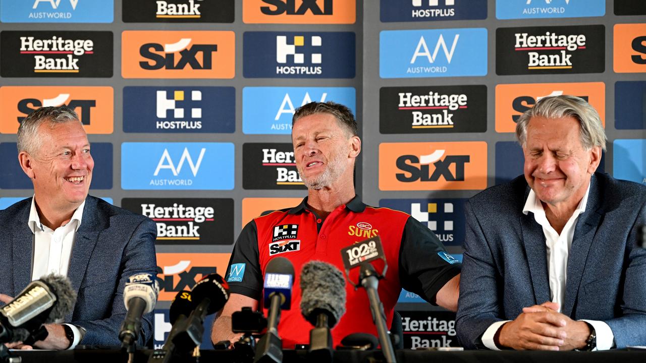 Mark Evans (left) recently delivered Damien Hardwick to the Suns as senior coach. Picture: Getty Images