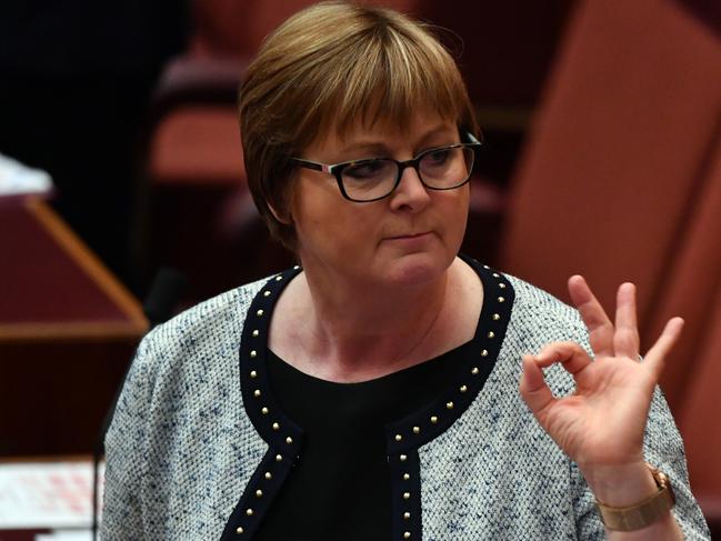 CANBERRA, AUSTRALIA - NOVEMBER 30: Defence Minister Linda Reynolds reacts during a swearing-in ceremony in the Senate at Parliament House on November 30, 2020 in Canberra, Australia. Ben Small replaces the former finance minister Mathias Cormann who announced his retirement in October. (Photo by Sam Mooy/Getty Images)