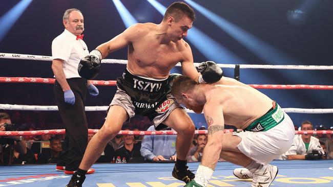 Tim Tszyu was ruthless during his fight against Dennis Hogan in Newcastle on Wednesday night Picture: Getty Images