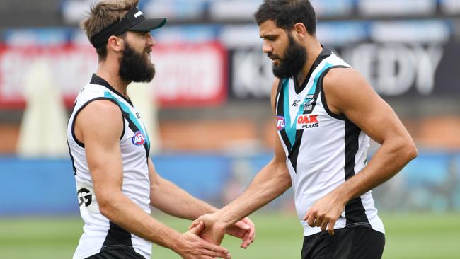 Justin Westhoff and Paddy Ryder will make a rare appearance in Port’s SANFL team. Picture: AAP Image/David Mariuz