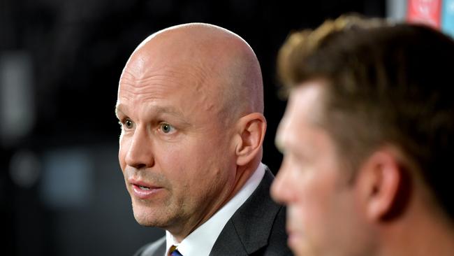 ADELAIDE, AUSTRALIA – OCTOBER 15: New Adelaide Crows coach Matthew Nicks speaks to the media during an Adelaide Crows AFL press conference at Wests Lakes on October 15, 2019 in Adelaide, Australia. The Crows today announced Matthew Nicks as their head coach for the next three years. (Photo by Mark Brake/Getty Images)