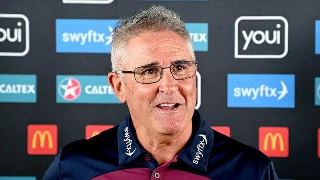 BRISBANE, AUSTRALIA - FEBRUARY 10: Lions Coach Chris Fagan speaks during a media opportunity before a Brisbane Lions Intra Club Trial Match at Brighton Homes Arena on February 10, 2023 in Ipswich, Australia. (Photo by Bradley Kanaris/Getty Images)