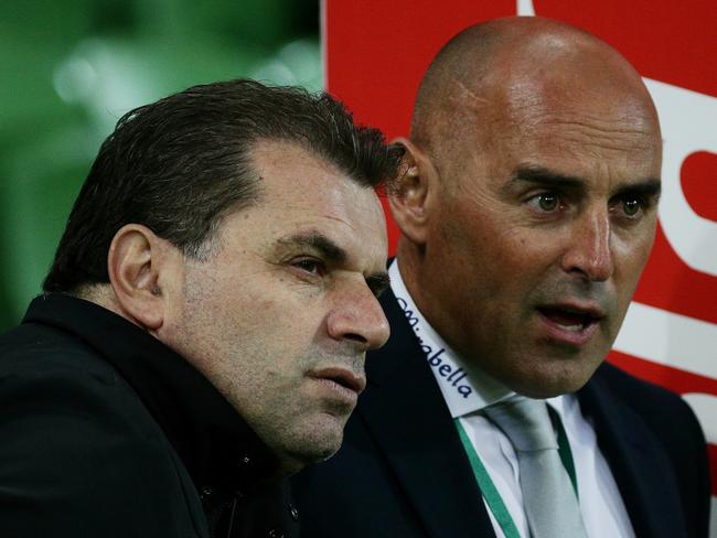 Ange Postecoglou with Kevin Muscat. Picture: George Salpigtidis