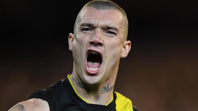 Dustin Martin after kicking a goal during the second AFL preliminary final between the Richmond Tigers and the GWS Giants. Picture: AAP Image/Julian Smith