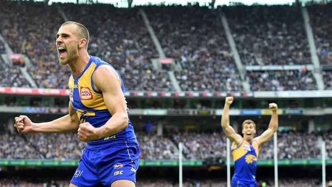 Dom Sheed celebrates his late goal during last year’s grand final against Collingwood. Picture: Nicole Garmston.