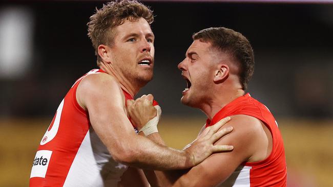 Tom Papley and Luke Parker celebrate after the final siren. Picture: Michael Klein