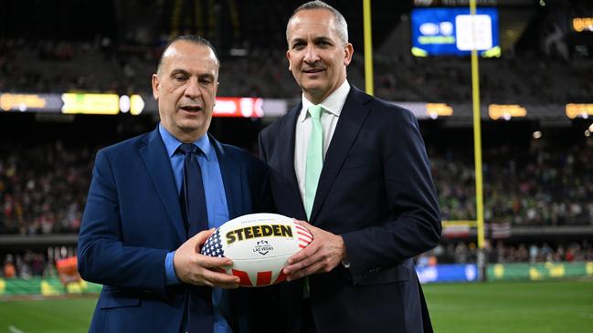 ARLC chairman Peter V'landys and NRL CEO Andrew Abdo at Allegiant Stadium in Las Vegas.