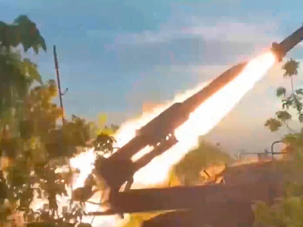 A Russian Army Buk-2M self-propelled, medium-range surface-to-air missile system fires at air targets in an undisclosed Ukraine location.