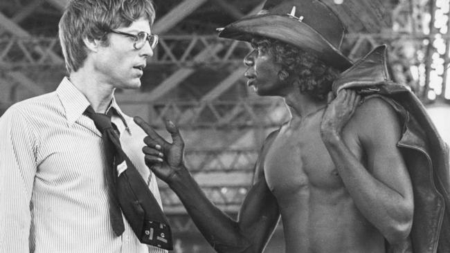 Gulpilil and actor Edward Meldrum in 1987 on the set of the film, The Last Wave.